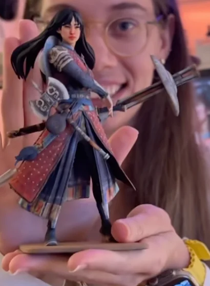 Close-up crop of the full-colour 3D printed Dragon Warrior figurine