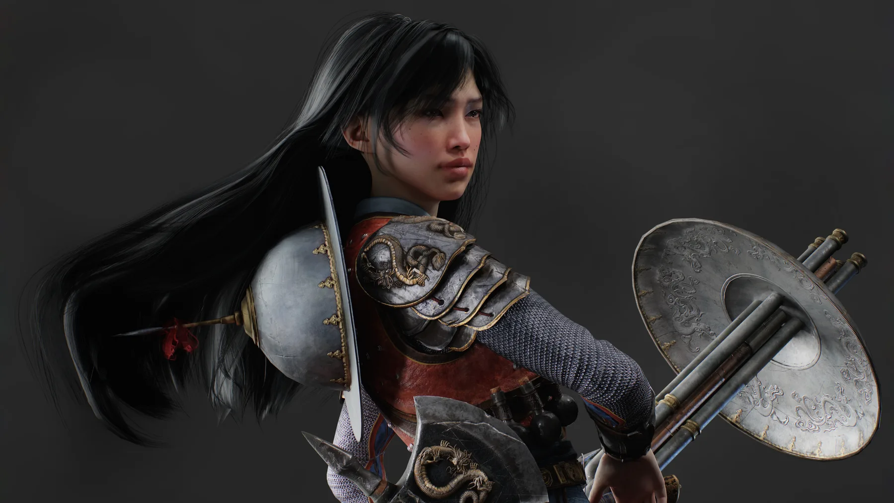 Side render of Dragon Warrior showing hair, armor, and weapons
