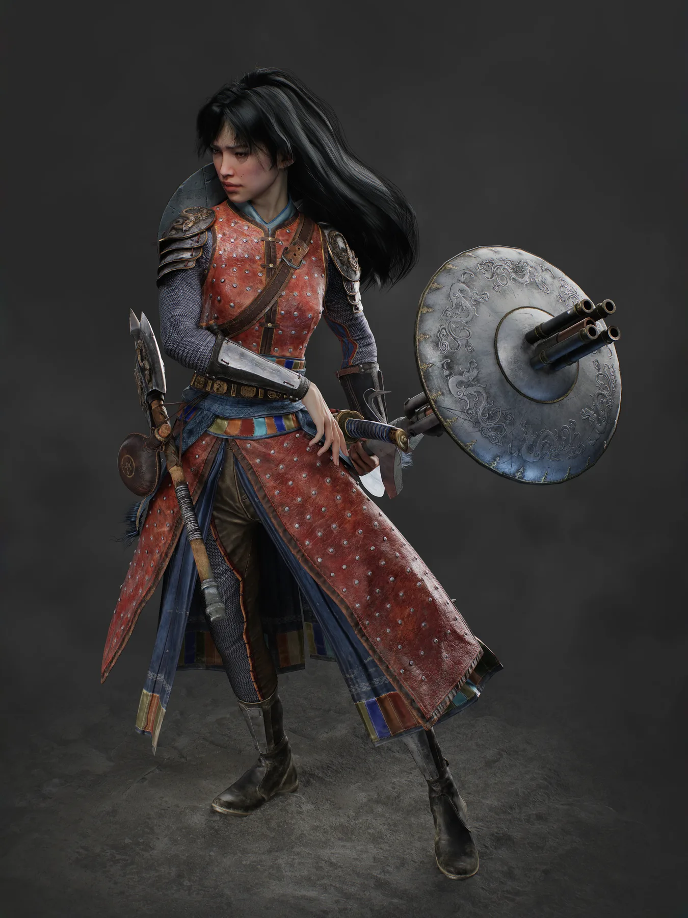 Top angle render of Dragon Warrior with weapons and costume details