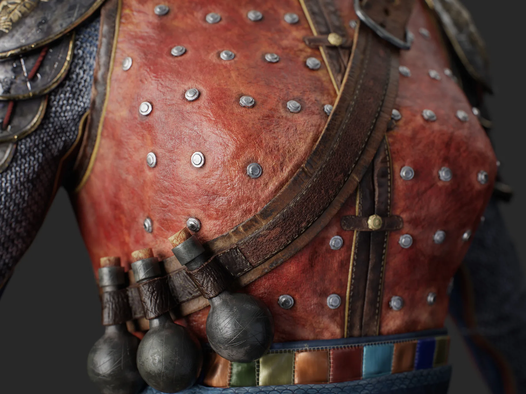 Close-up render showing Dragon Warrior textile, armor, and weapon detail
