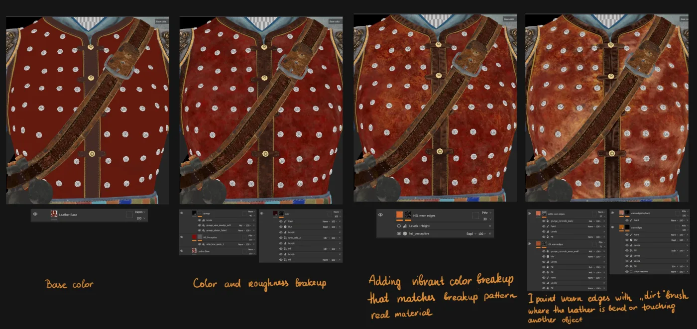 Dragon Warrior leather texture breakdown showing colour and material variation